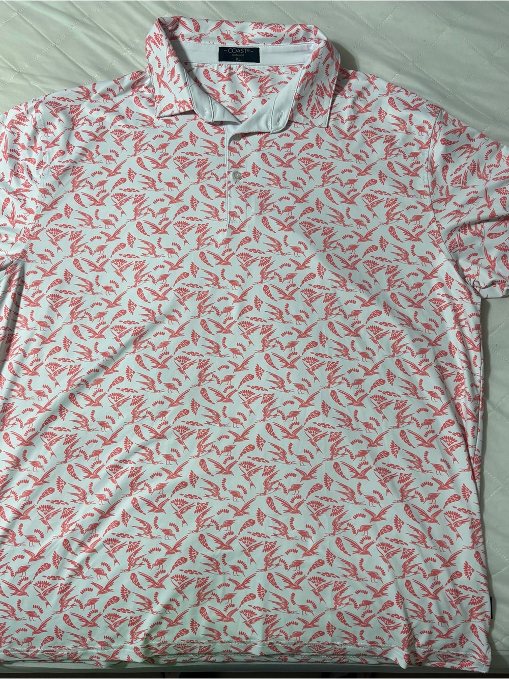Coastline Men’s White Polo with Coral Leaf Print